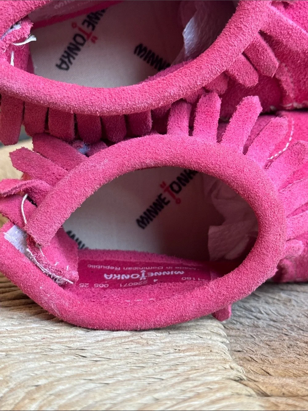 Minnetonka Kids Suede Fringe Moccasins - Pink
